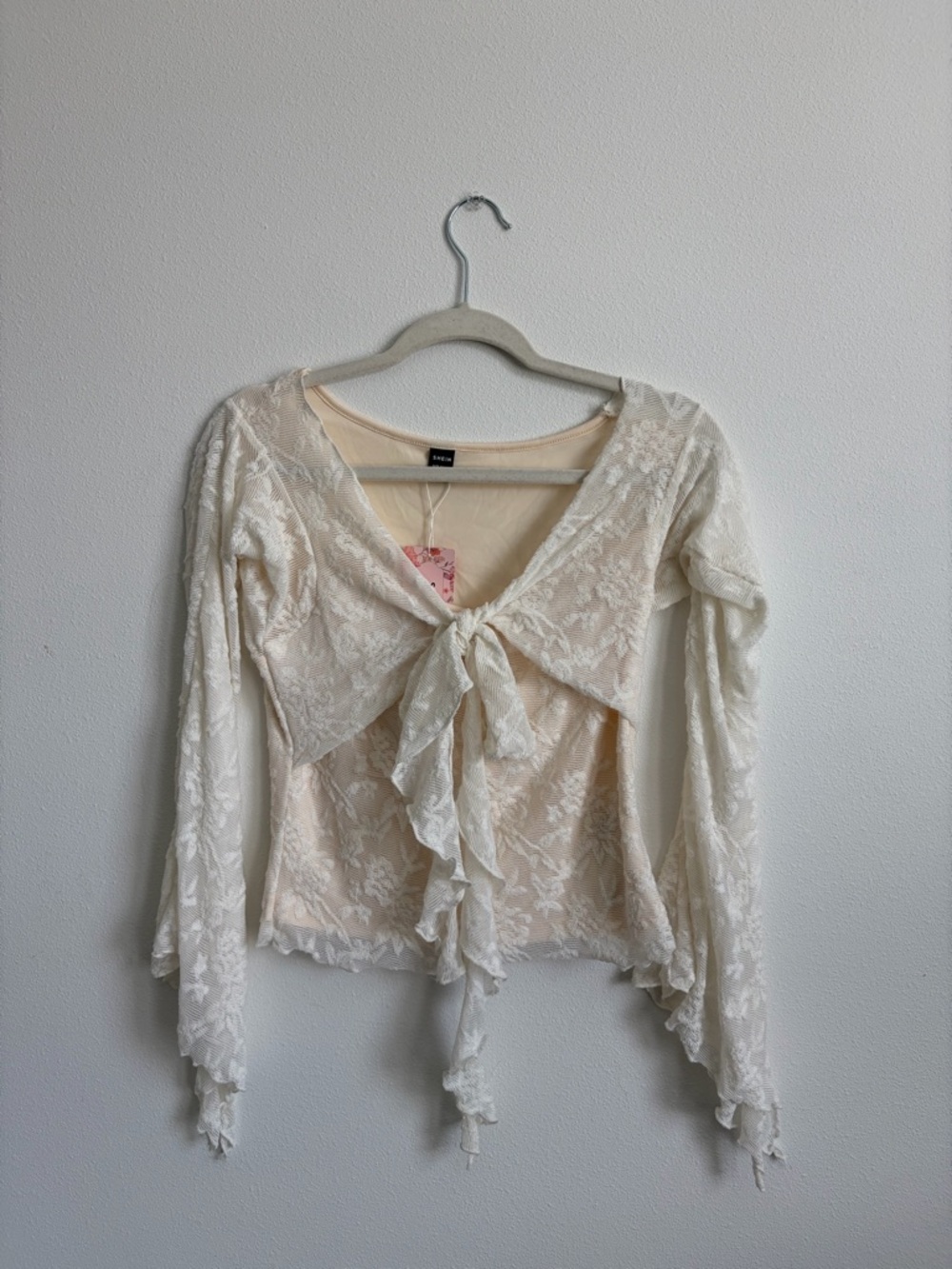 SHEIN Ivory Lace Tie-Front Ruffle Blouse